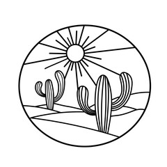 Desert, cacti and sun - landscape inscribed in a circle. Black and white vector picture.