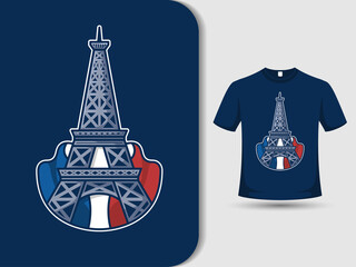 Eiffel Tower design with flag of France background and t-shirt template vector illustration