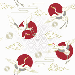Seamless Art Japanese Repeat Pattern of Triple Crane Flapping Wings Fly Through Moving Around Red Sun with Firework Icon on Grey Water Wave Repeat Pattern Background Vector Design Wrapping Paper