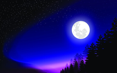 Vector image of night scene illustration with full moon and deer 