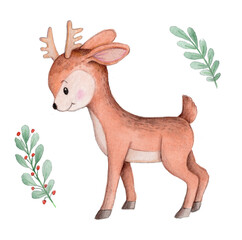 Cute cartoon little brown deer, fawn. Watercolor hand drawn art, sketch, illustration, icon, print. Isolated on white background.