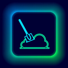 Glowing neon line Shovel in the ground icon isolated on black background. Gardening tool. Tool for horticulture, agriculture, farming. Colorful outline concept. Vector