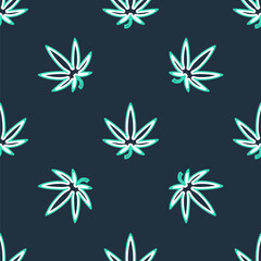 Fototapeta na wymiar Line Medical marijuana or cannabis leaf icon isolated seamless pattern on black background. Hemp symbol. Vector
