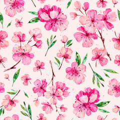 Seamless pattern with pink Apple and Cherry flowers. Botanical hand drawn illustration. Background with spring blooming flowers. Vintage. Texture for fabric, wrapping paper, textile