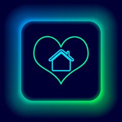 Glowing neon line House with heart shape icon isolated on black background. Love home symbol. Family, real estate and realty. Colorful outline concept. Vector
