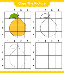Copy the picture, copy the picture of Quince using grid lines. Educational children game, printable worksheet, vector illustration