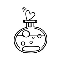 Cute cartoon glass bottle with bubbles and a heart. The concept of love and Valentine's Day. A hand-drawn bottle with a love message. Doodle vector illustration isolated on white. For stickers, cards.