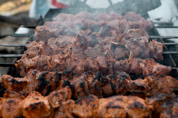 Cooking kebabs on coals outside. Frying marinated meat, fragrant smoke. Close-up, selective focus. Concept picnic, camping, opening of the kebab season