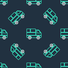 Line Delivery truck with cardboard boxes behind icon isolated seamless pattern on black background. Vector