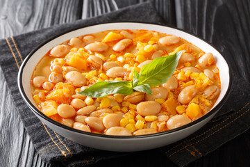 Chilean Porotos granados bean stew with vegetables close-up in a bowl on the table. horizontal
