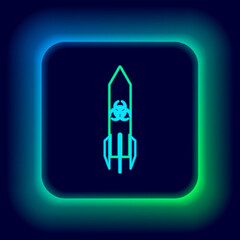 Glowing neon line Biohazard rocket icon isolated on black background. Rocket bomb flies down. Colorful outline concept. Vector