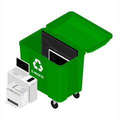 Electronic waste in green recycling garbage container can.