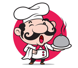 Cartoon happy cute chef character holding silver platter and white cloth for ready to serve food on red circle background. - mascot