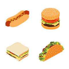 Set of fast food : hotdog, sandwich, burger hamburger or cheeseburger and taco
