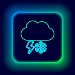 Glowing neon line Cloud with snow and lightning icon isolated on black background. Cloud with snowflakes. Single weather icon. Snowing sign. Colorful outline concept. Vector