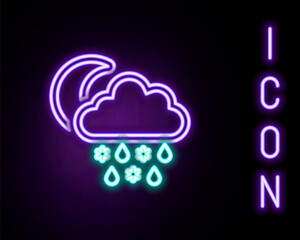 Glowing neon line Cloud with snow, rain and moon icon isolated on black background. Weather icon. Colorful outline concept. Vector