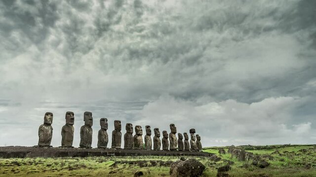 Moai statues - Ahu Tongariki is the largest ahu on Easter Island at sunrise, Chile. 4K time lapse