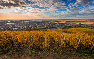 Tokaj, Hungary - The world famous Hungarian vineyards of Tokaj wine region, taken on a warm, golden glowing autumn morning. Town of Tokaj and beutiful sunrise with blue sky and clouds at background