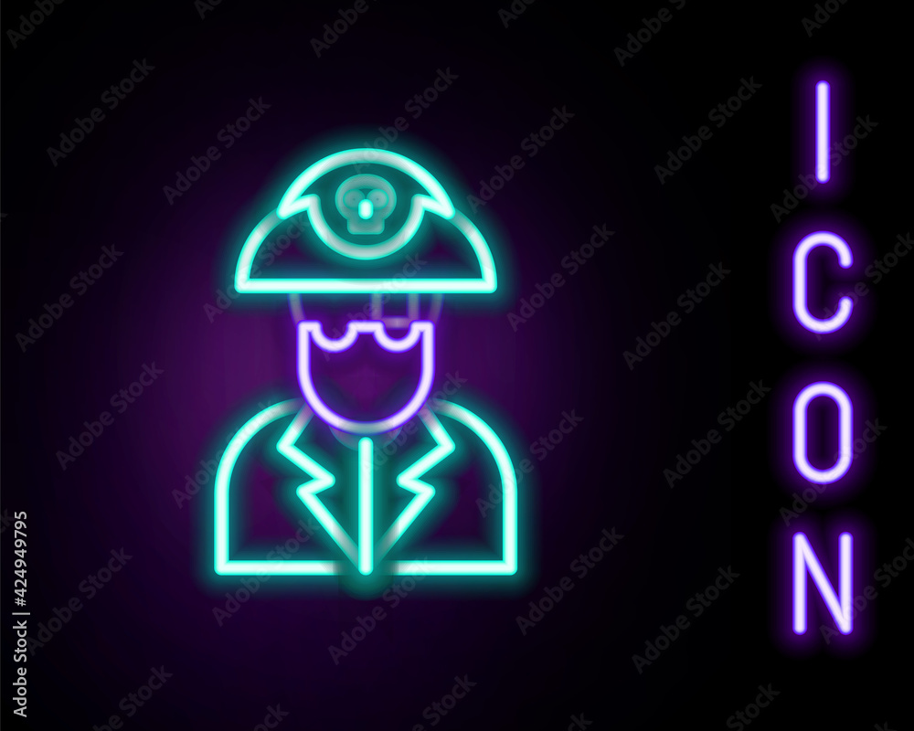 Wall mural Glowing neon line Pirate captain icon isolated on black background. Colorful outline concept. Vector