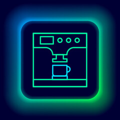 Glowing neon line Coffee machine and coffee cup icon isolated on black background. Colorful outline concept. Vector