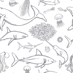 Fish and wild marine animals set. Vector  pattern.