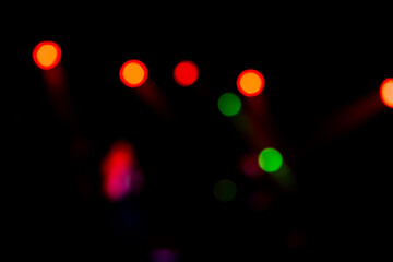 Defocused entertainment concert lighting on stage. Blue Stage Lights. Colorful bright stage lights in concert. Bokeh Banner background.