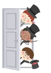 Kids Group Door Magician Illustration