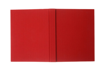 Open book with red cover on white background, top view