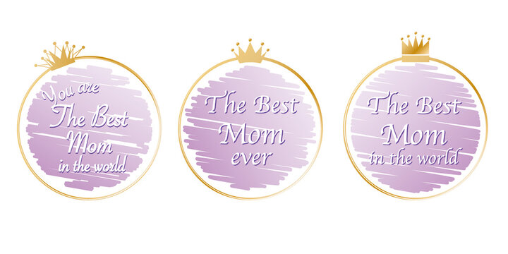 Mother's day concept emblem. Decorative purple and gold round emblem design with The best mom texts. Mother's day illustration vector.　母の日イラスト、母の日ラベルデザイン、母の日デザイン素材