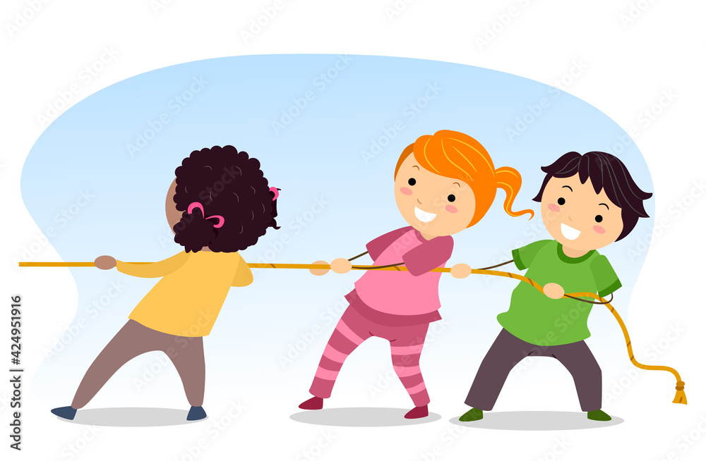 Poster stickman kids pull rope illustration