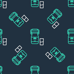 Line Can container for milk and glass icon isolated seamless pattern on black background. Vector