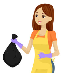 Teen Girl Apron Gloves Garbage Bag Illustration