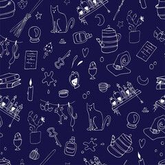 Halloween flat hand drawn seamless pattern. Cartoon seamless texture with magic items.