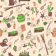 Halloween flat hand drawn seamless pattern. Cartoon seamless texture with magic items.