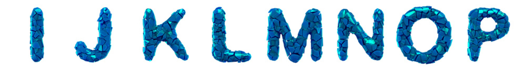 Plastic letters set I, J, K, L, M, N, O, P made of 3d render plastic shards blue color.
