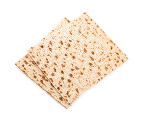 Passover matzos isolated on white, top view. Pesach celebration