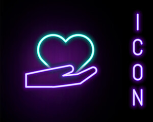 Glowing neon line Heart in hand icon isolated on black background. Hand giving love symbol. Valentines day symbol. Colorful outline concept. Vector