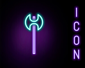 Glowing neon line Medieval axe icon isolated on black background. Battle axe, executioner axe. Medieval weapon. Colorful outline concept. Vector