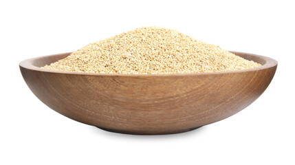 Wooden plate with raw quinoa isolated on white