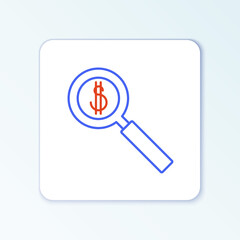 Line Magnifying glass and dollar symbol icon isolated on white background. Find money. Looking for money. Colorful outline concept. Vector
