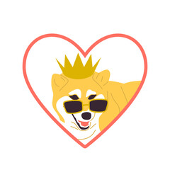 Japanese dog in golden crown and cool pink sunglasses. Heart shaped Sticker design with pink outline. Stock vector illustration.