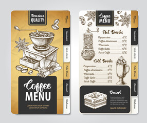 Restaurant Coffee menu design. Decorative sketch of coffee grinder
