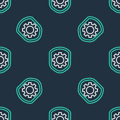 Line Shield with settings gear icon isolated seamless pattern on black background. Adjusting, service, maintenance, repair, fixing. Vector