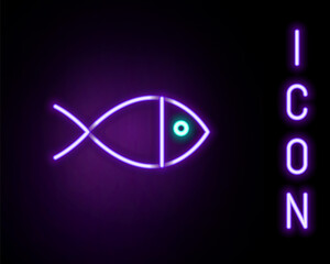 Glowing neon line Christian fish symbol icon isolated on black background. Jesus fish symbol. Colorful outline concept. Vector