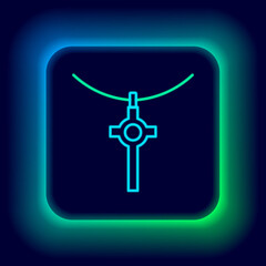 Glowing neon line Christian cross on chain icon isolated on black background. Church cross. Colorful outline concept. Vector