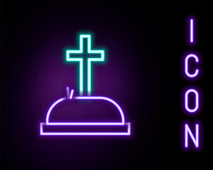 Obraz premium Glowing neon line Tombstone with cross icon isolated on black background. Grave icon. Colorful outline concept. Vector
