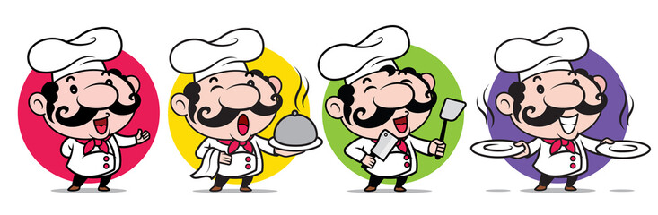 Cartoon cute chef mascot set. Happy smiling Italian chef with big moustache holding different kind of kitchen wares, serving food, empty plates and welcome hand sign on colourful background
