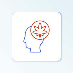 Line Male head in profile with marijuana or cannabis leaf icon isolated on white background. Marijuana legalization. Hemp symbol. Colorful outline concept. Vector