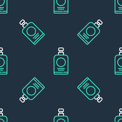 Line Hand sanitizer bottle icon isolated seamless pattern on black background. Disinfection concept. Washing gel. Alcohol bottle for hygiene. Vector
