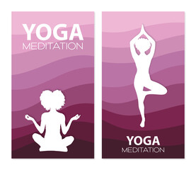 Yoga stance story banner, curly hair girl practising yoga, gradient waves background, woman meditating illustration set